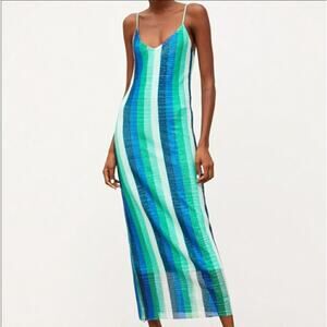 ZARA NWOT Sparkly Aqua Blue Striped Midi Tank Dress Size Small